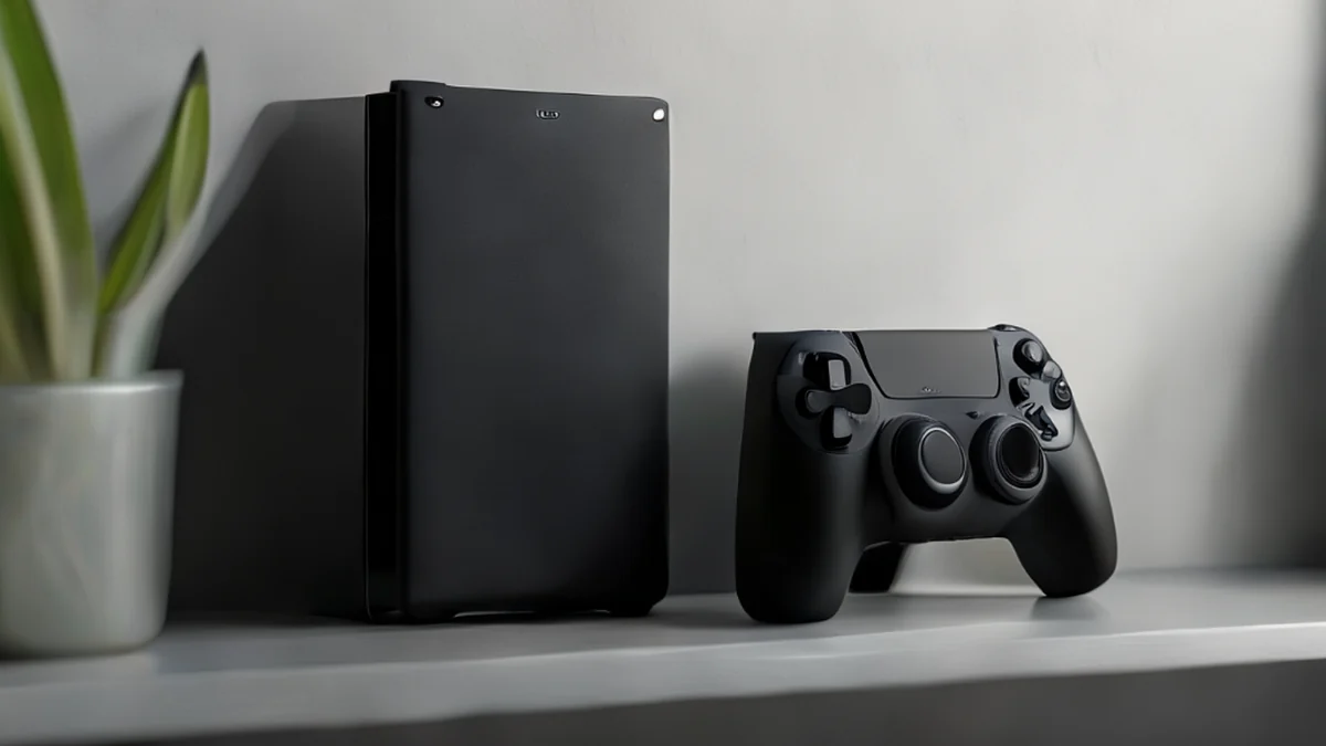 Gaming console with attached controller for playing video games.